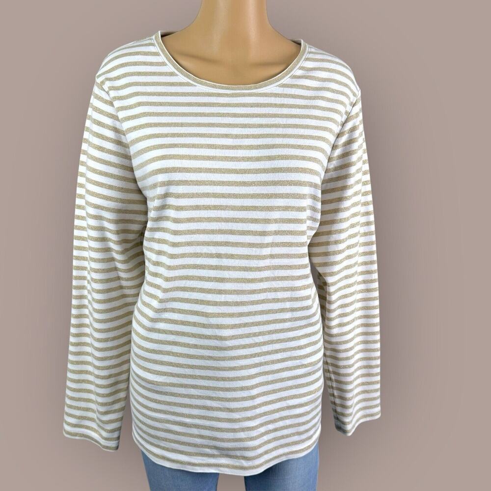 Laura Scott Women's Stripe Beige Gold Long Sleeve Crew Neck Cotton top SZ/2X
